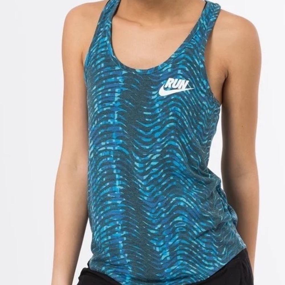 Nike Dri-FIT Run Tank Top Teal Blue Abstract Wave Pattern Womens Medium